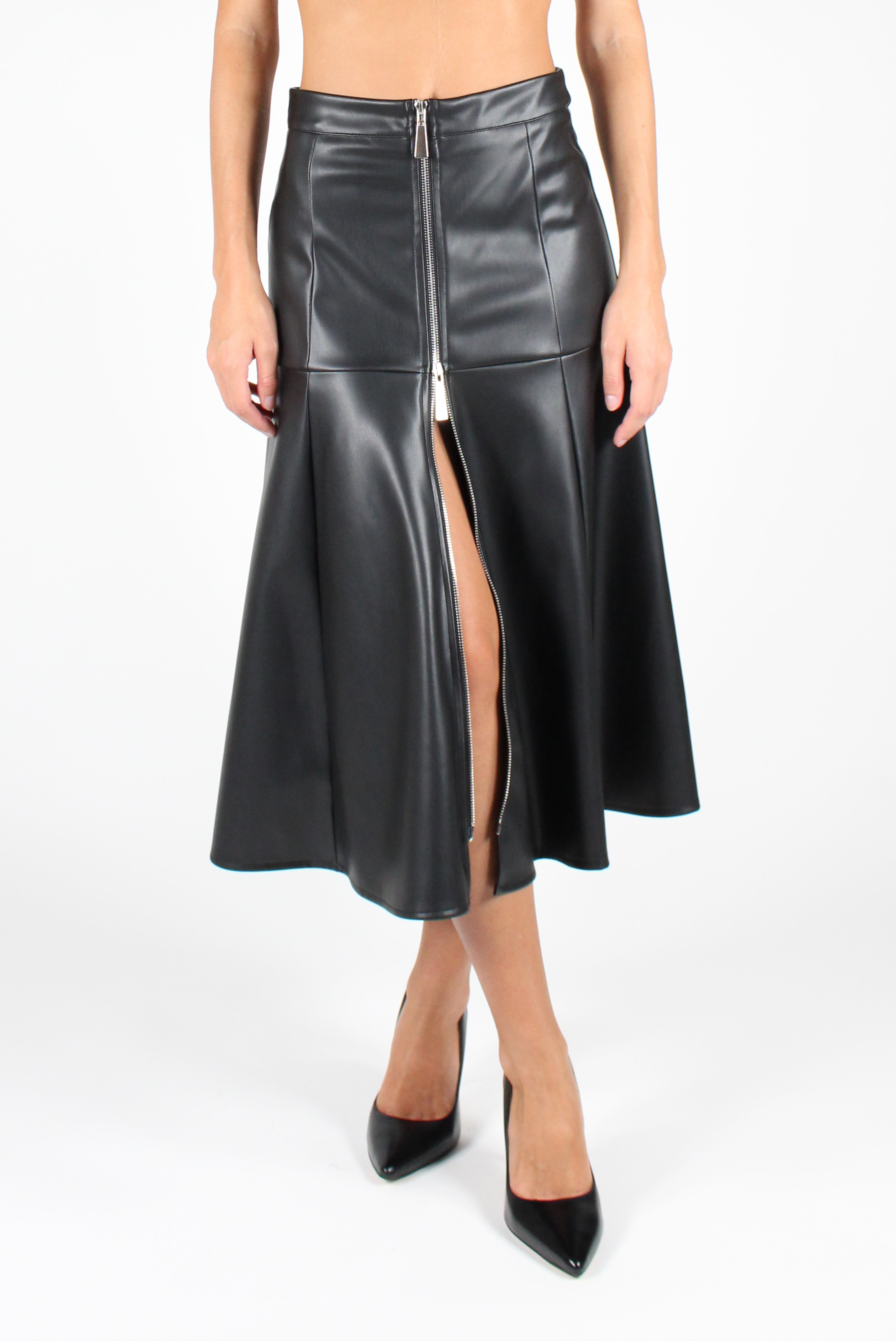 Shop Women s Faux Leather Zip Up Midi Skirt Online MaClo