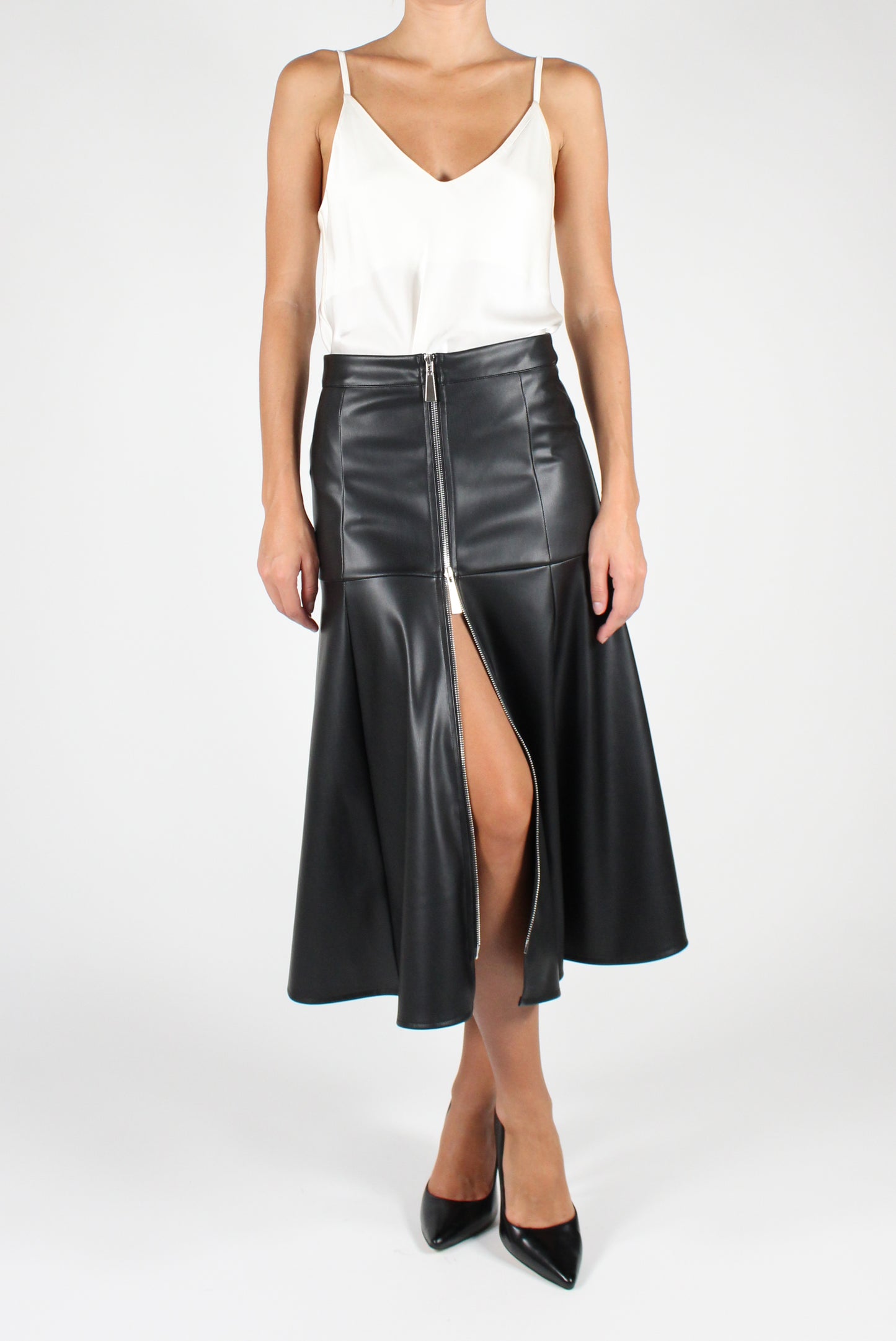 Faux Leather Midi Skirt with Zip