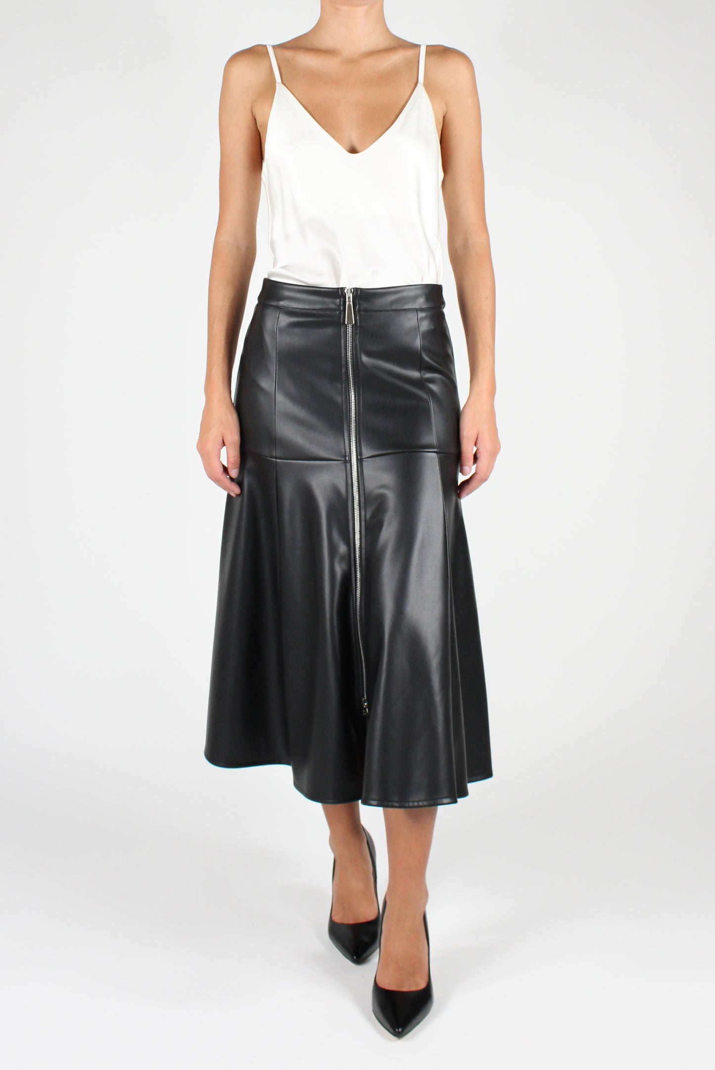 Faux Leather Midi Skirt with Zip