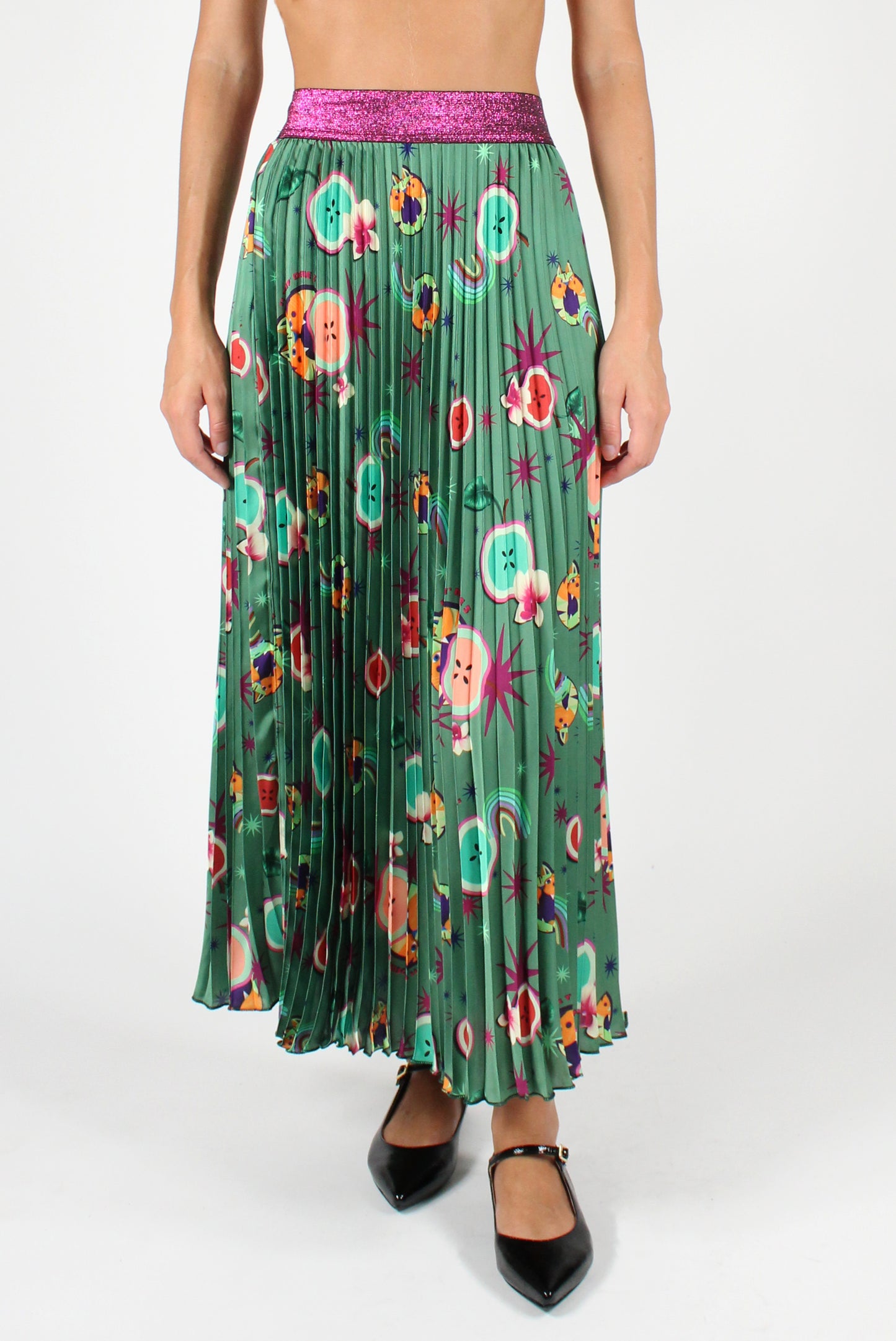 Pleated Skirt with Fruit and Cat Print