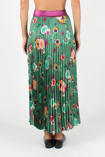 Pleated Skirt with Fruit and Cat Print