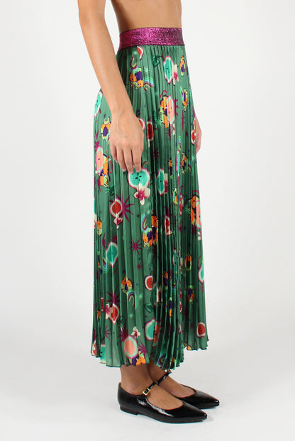 Pleated Skirt with Fruit and Cat Print