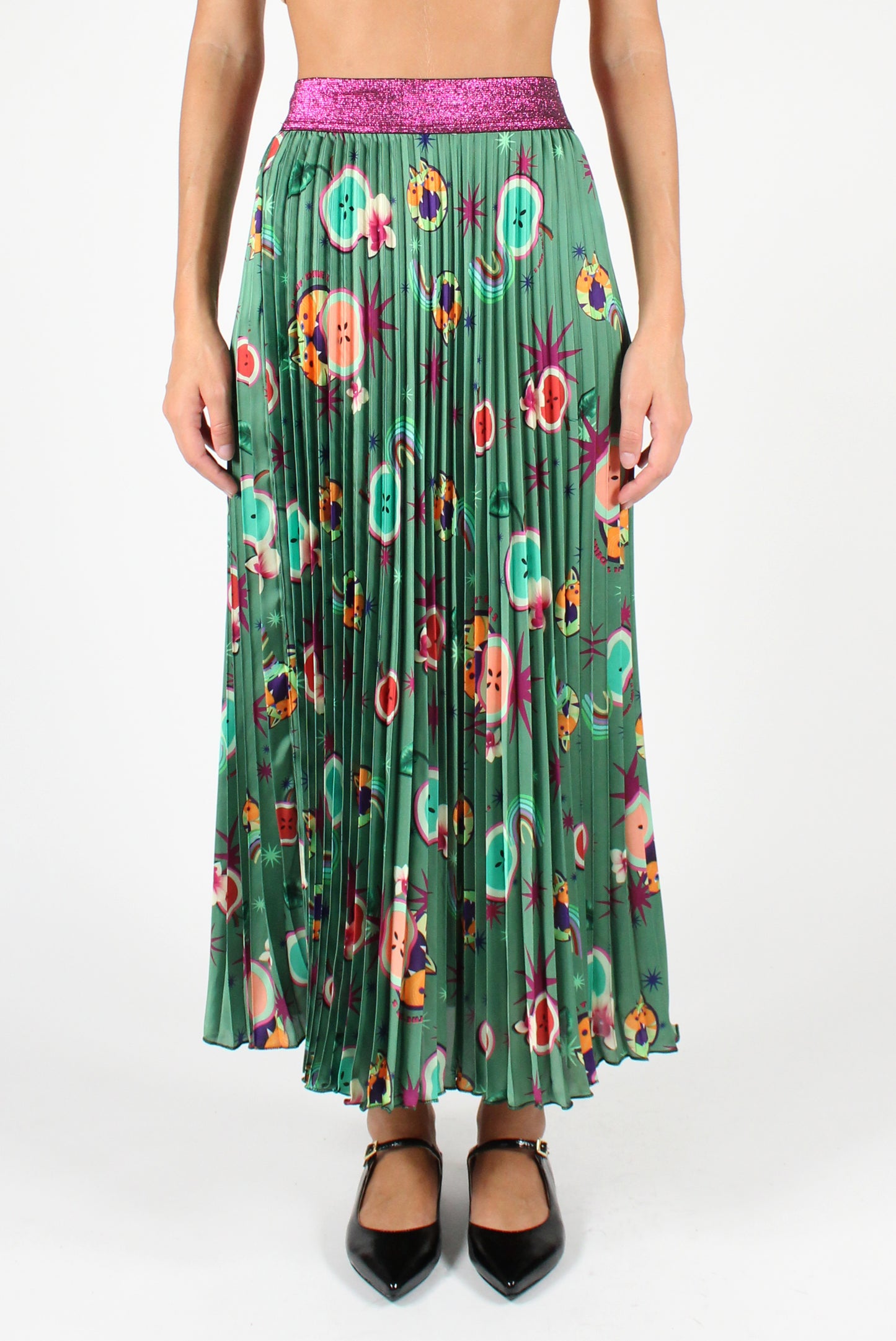 Pleated Skirt with Fruit and Cat Print