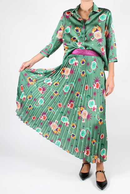 Pleated Skirt with Fruit and Cat Print