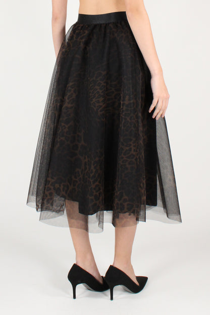 Gonna a Ruota in Tulle Stampa Animalier