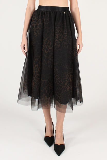 Gonna a Ruota in Tulle Stampa Animalier