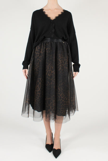 Gonna a Ruota in Tulle Stampa Animalier