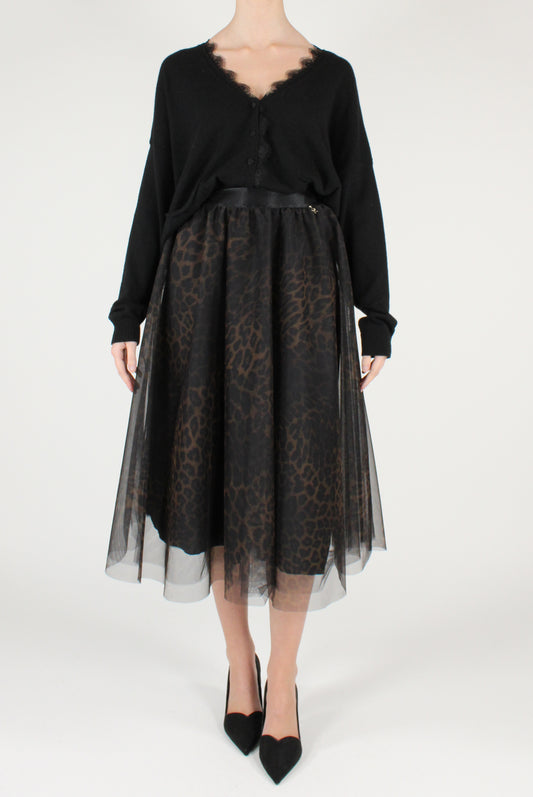 Gonna a Ruota in Tulle Stampa Animalier