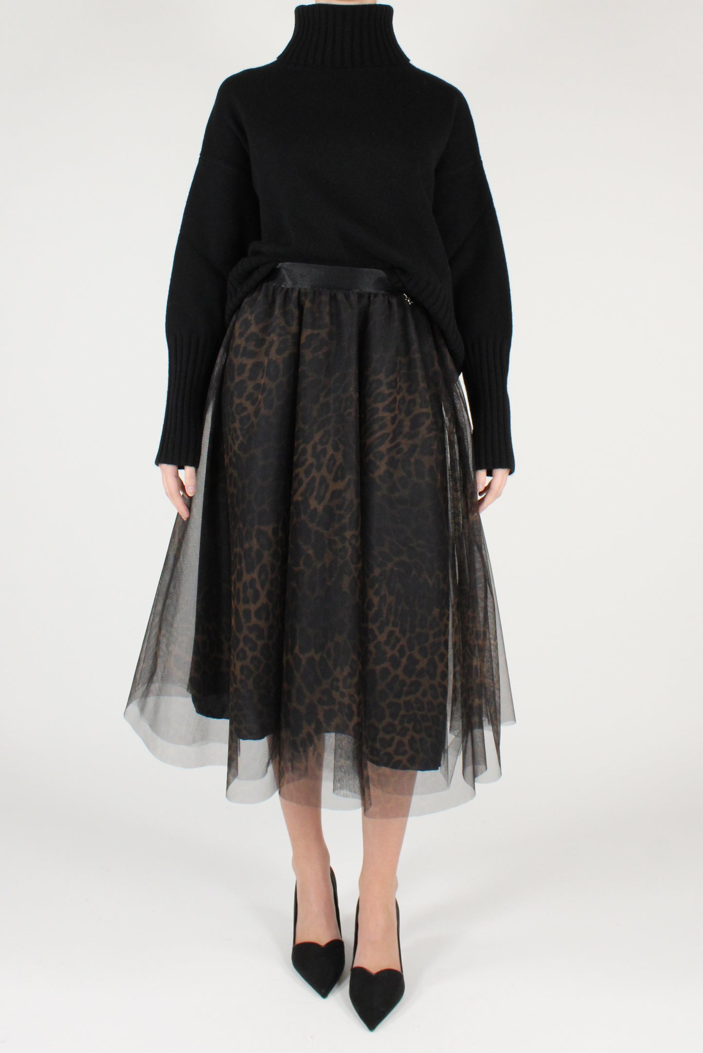 Gonna a Ruota in Tulle Stampa Animalier