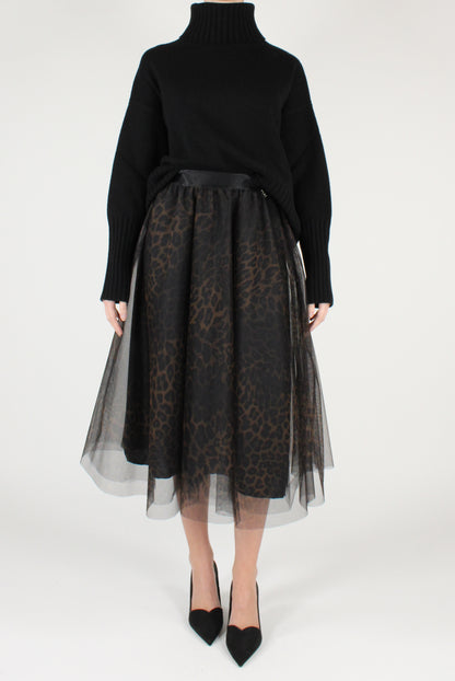 Gonna a Ruota in Tulle Stampa Animalier