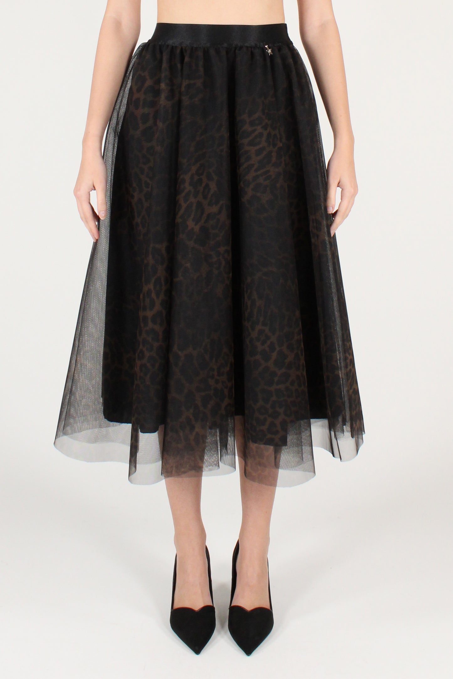 Gonna a Ruota in Tulle Stampa Animalier