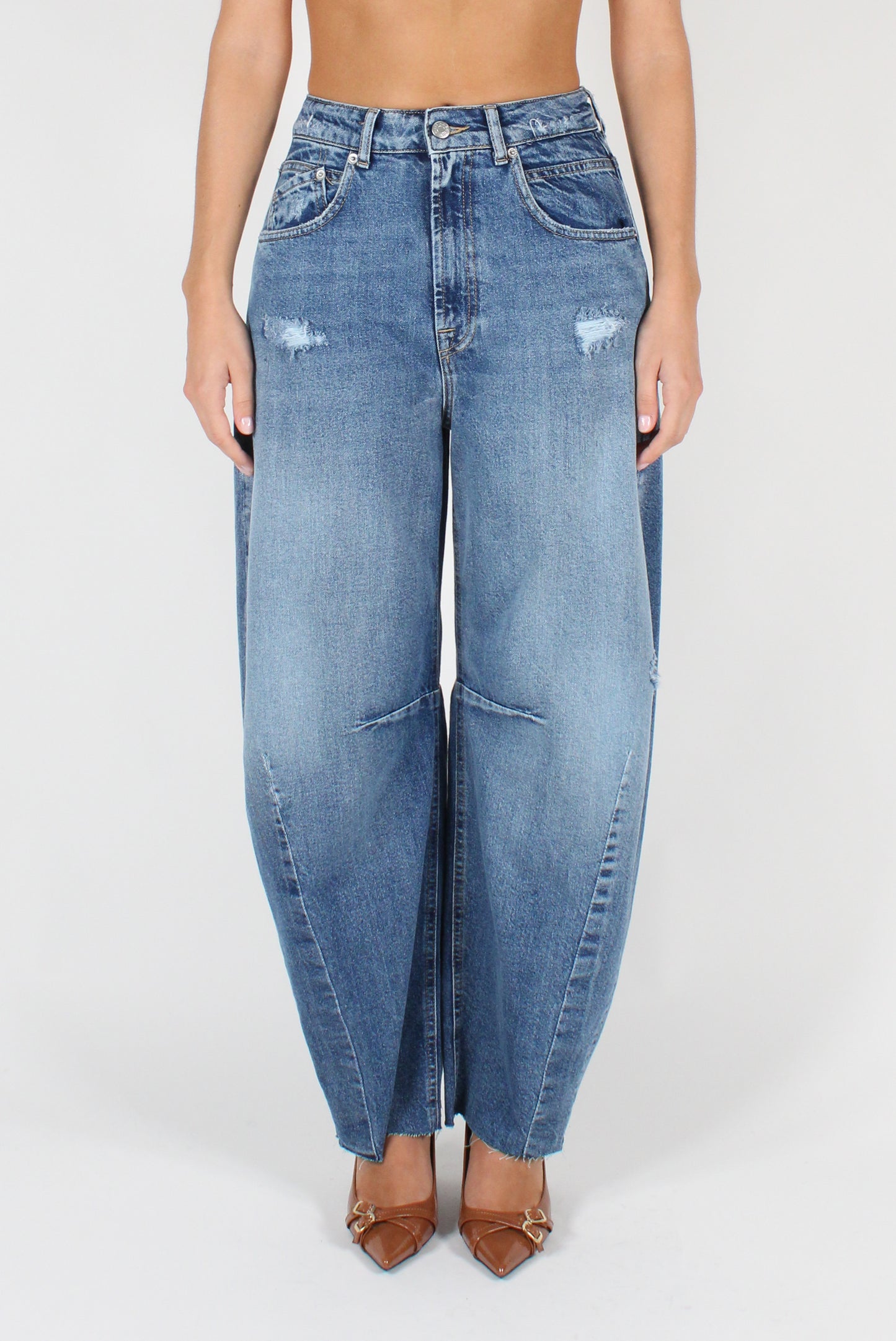 Five Pocket Balloon Cut Jeans with Rips