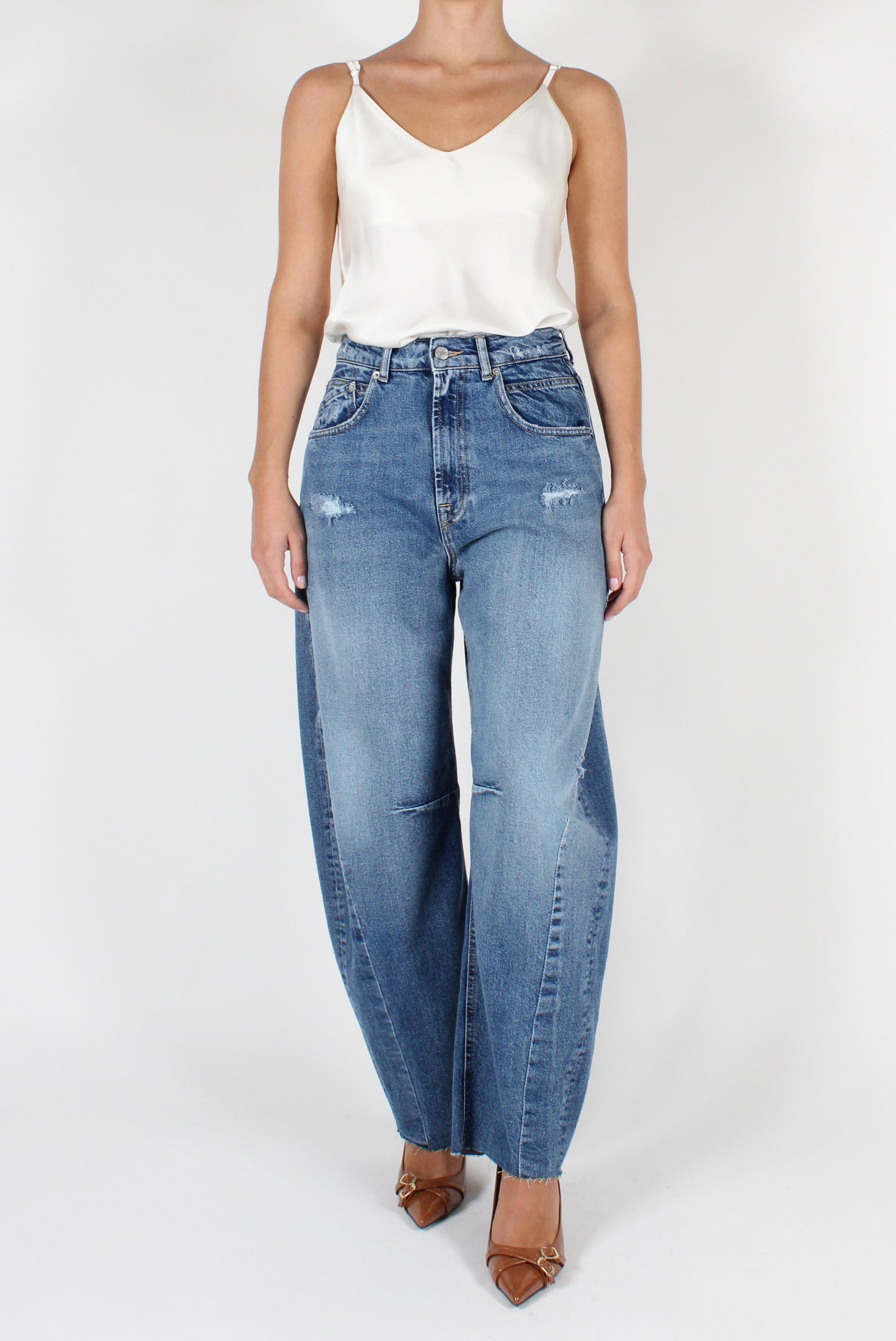 Five Pocket Balloon Cut Jeans with Rips