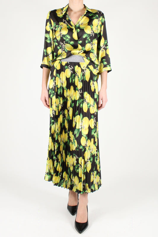 Long Pleated Skirt with Lemon Print