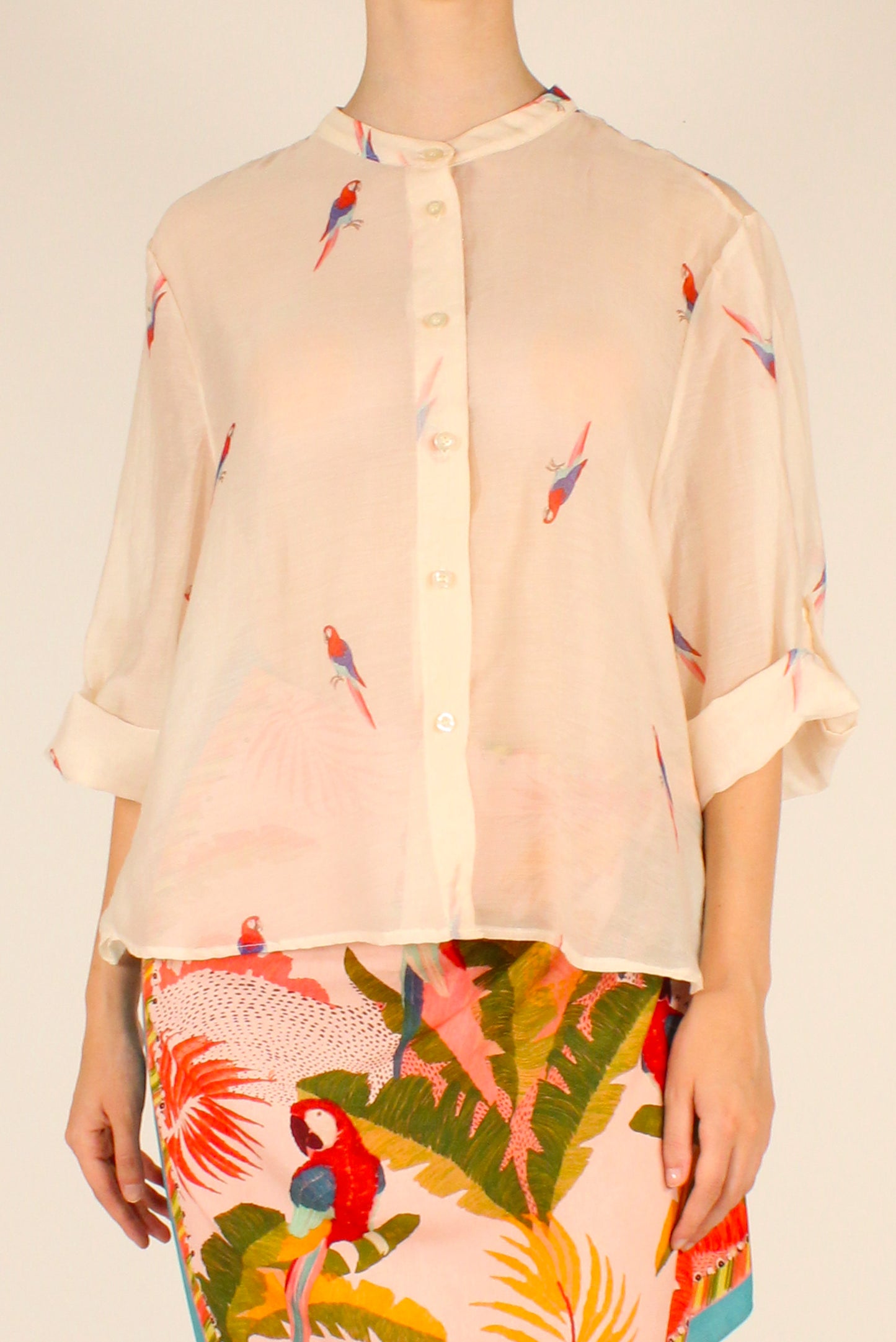 Camicia Stampa Pappagalli Rossi e Blu