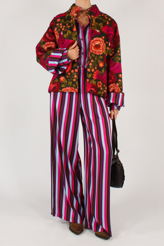 Pantaloni a Palazzo Stampa Righe Multicolore Fucsia