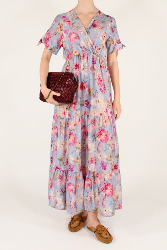 Long Dress with Floral Print on Light Blue Background