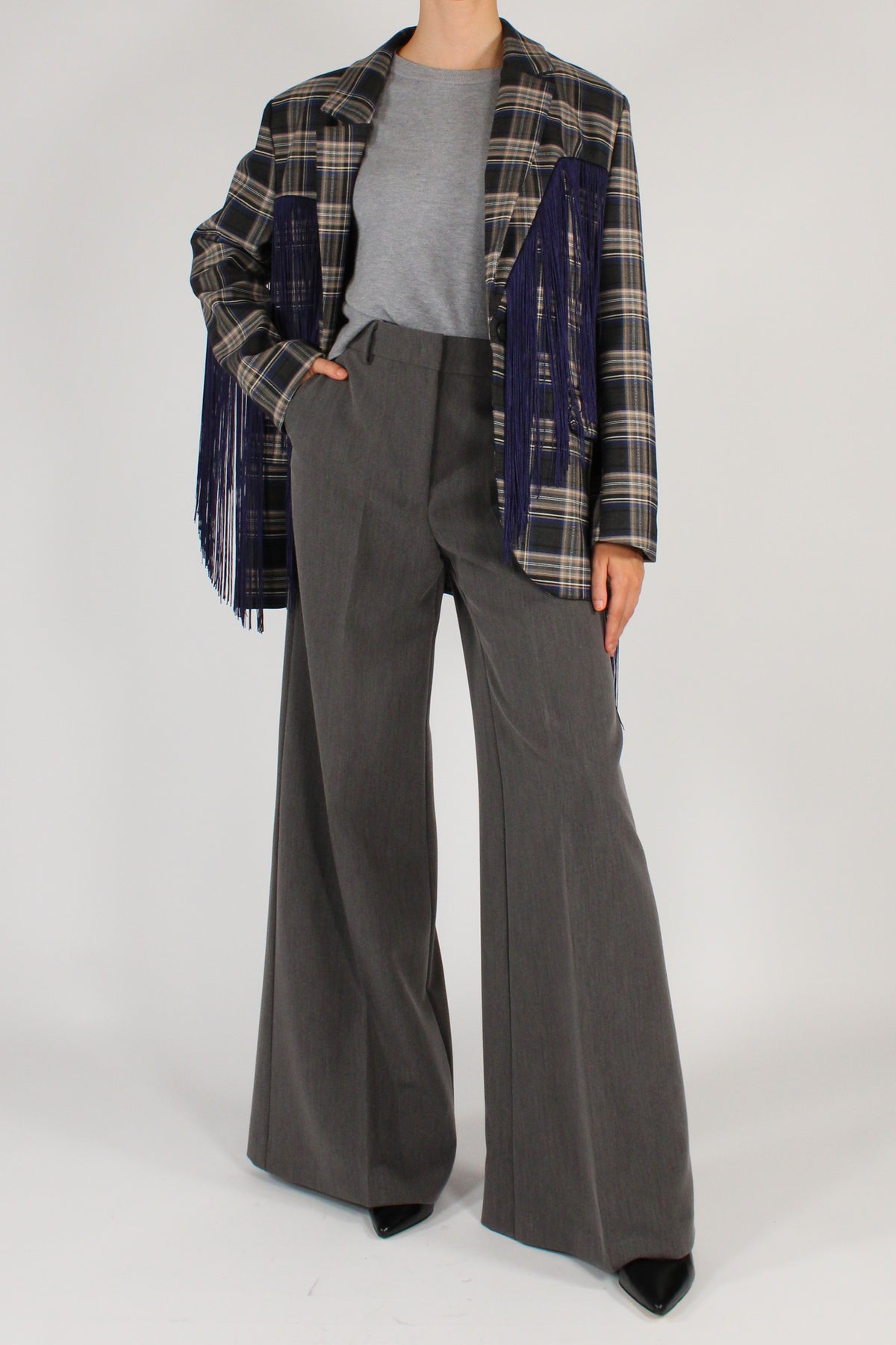 Blazer Over Stampa Tartan con Frange