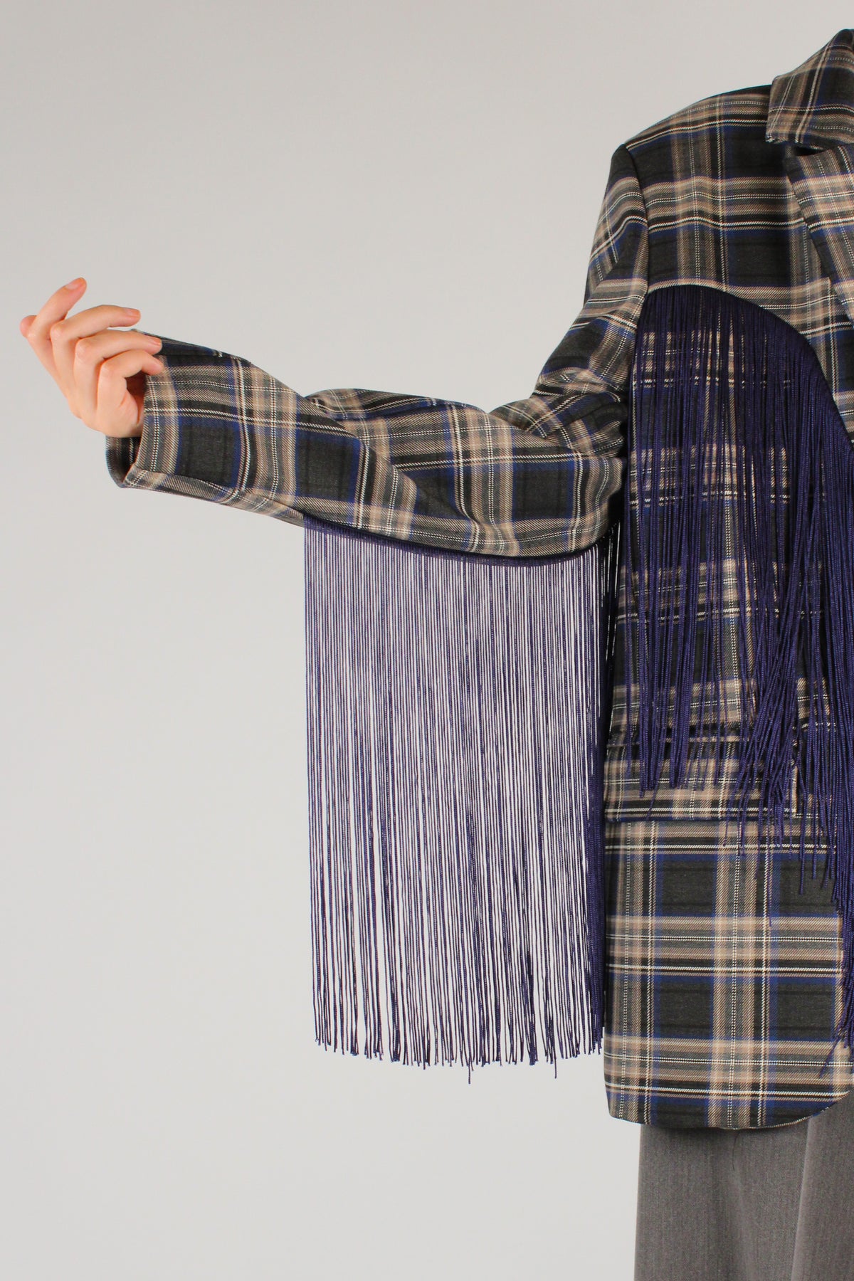 Blazer Over Stampa Tartan con Frange