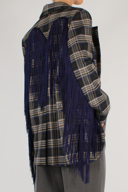 Blazer Over Stampa Tartan con Frange