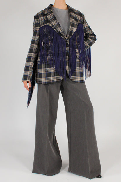 Blazer Over Stampa Tartan con Frange