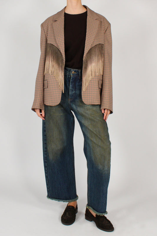 Blazer Monopetto a Quadretti con Frange
