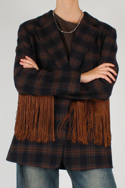 Blazer in Tartan Monopetto con Frange