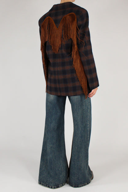 Blazer in Tartan Monopetto con Frange