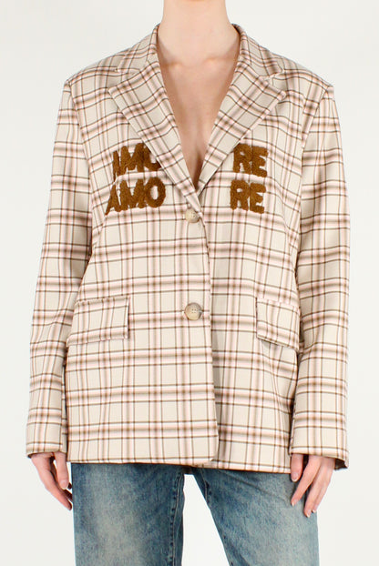Oversized Blazer with Tartan Print and "Love" Writing