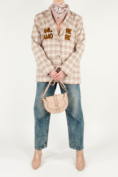 Oversized Blazer with Tartan Print and "Love" Writing