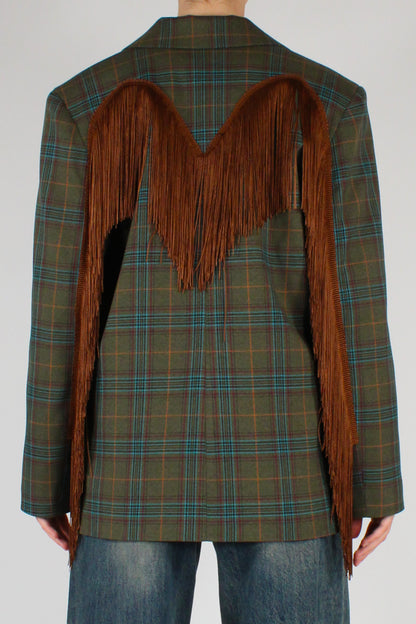 Blazer Monopetto Tartan Multicolore con Frange