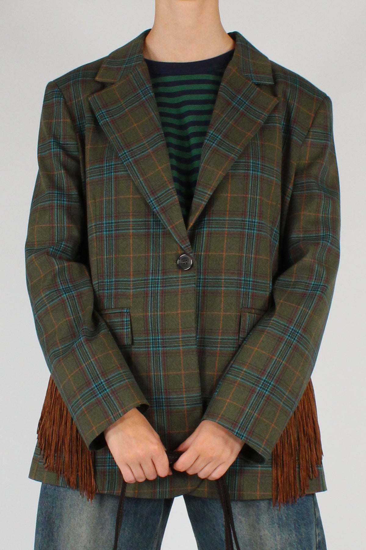 Blazer Monopetto Tartan Multicolore con Frange