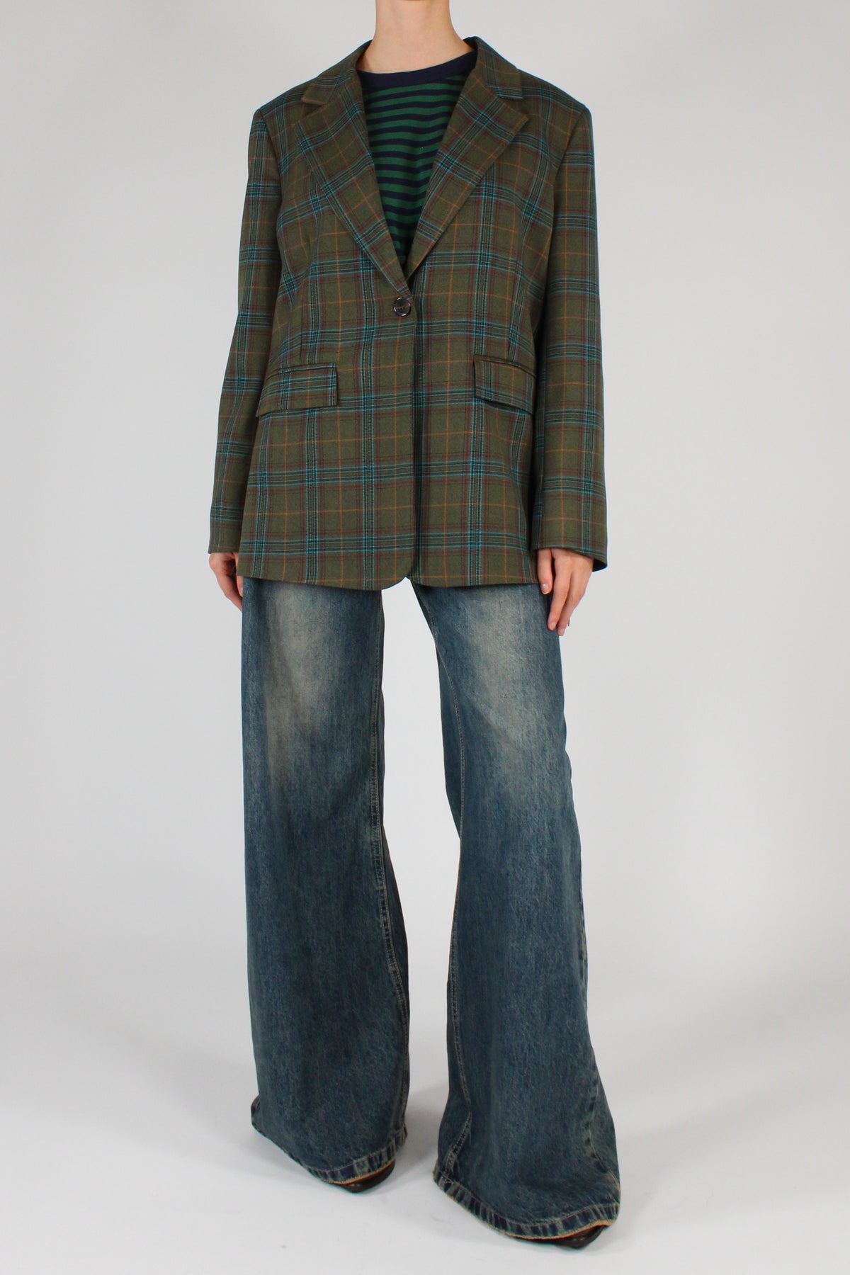 Blazer Monopetto Tartan Multicolore con Frange