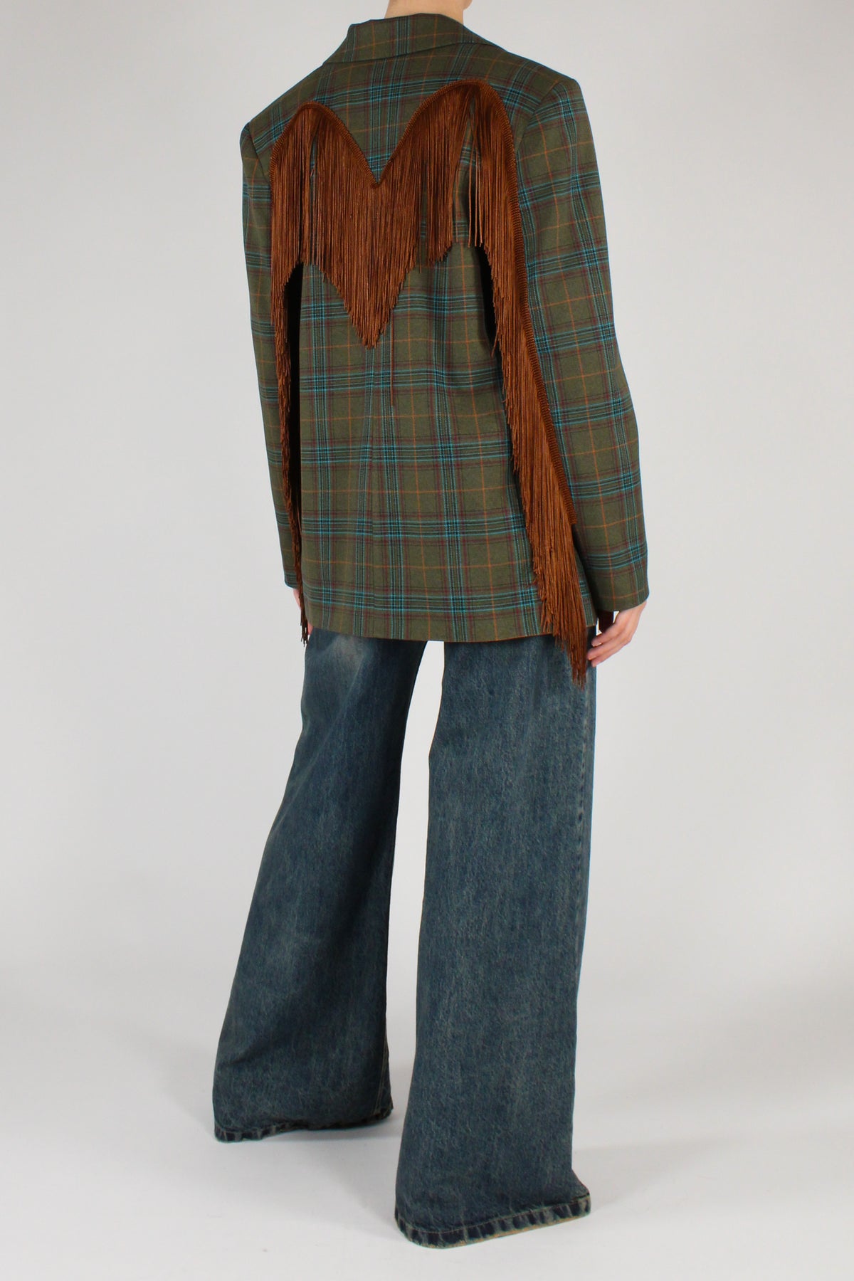 Blazer Monopetto Tartan Multicolore con Frange