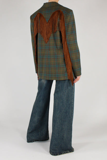 Blazer Monopetto Tartan Multicolore con Frange