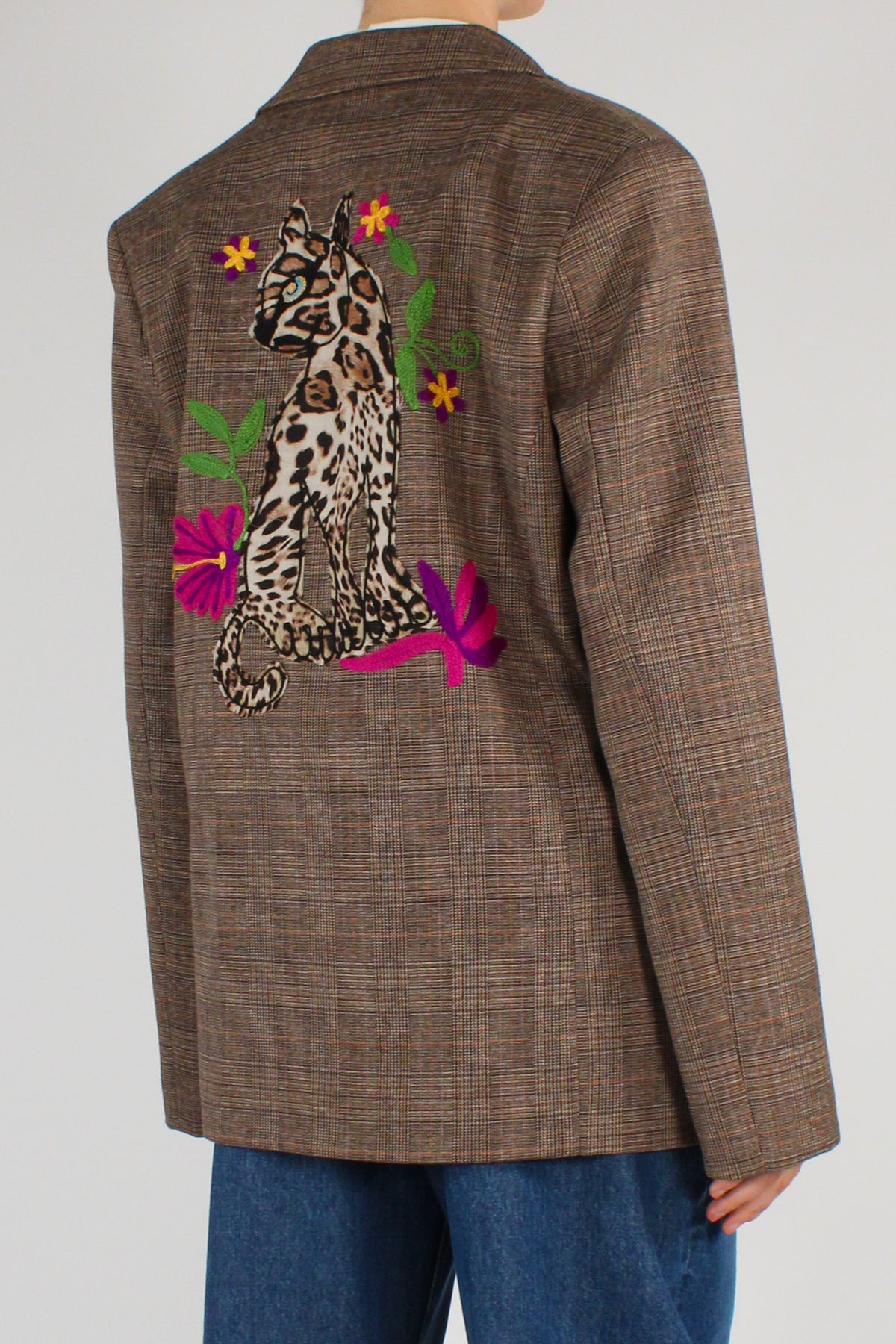 Blazer Over Stampa Tartan Leopardo Ricamato