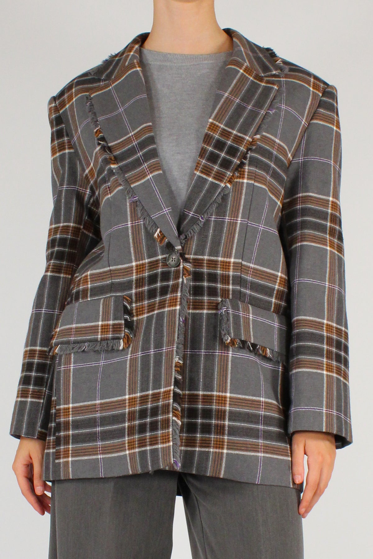 Blazer Over Stampa Tartan Profili Sfrangiati