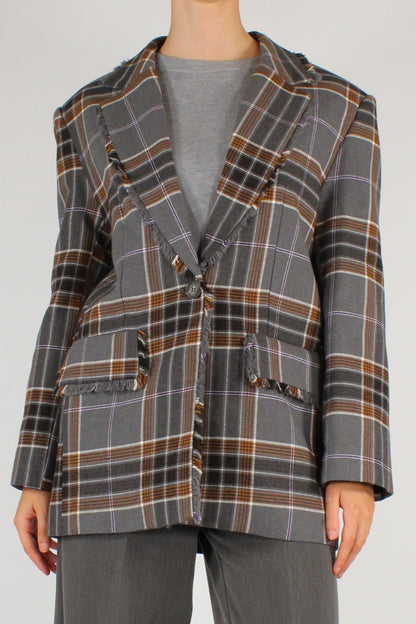 Blazer Over Stampa Tartan Profili Sfrangiati