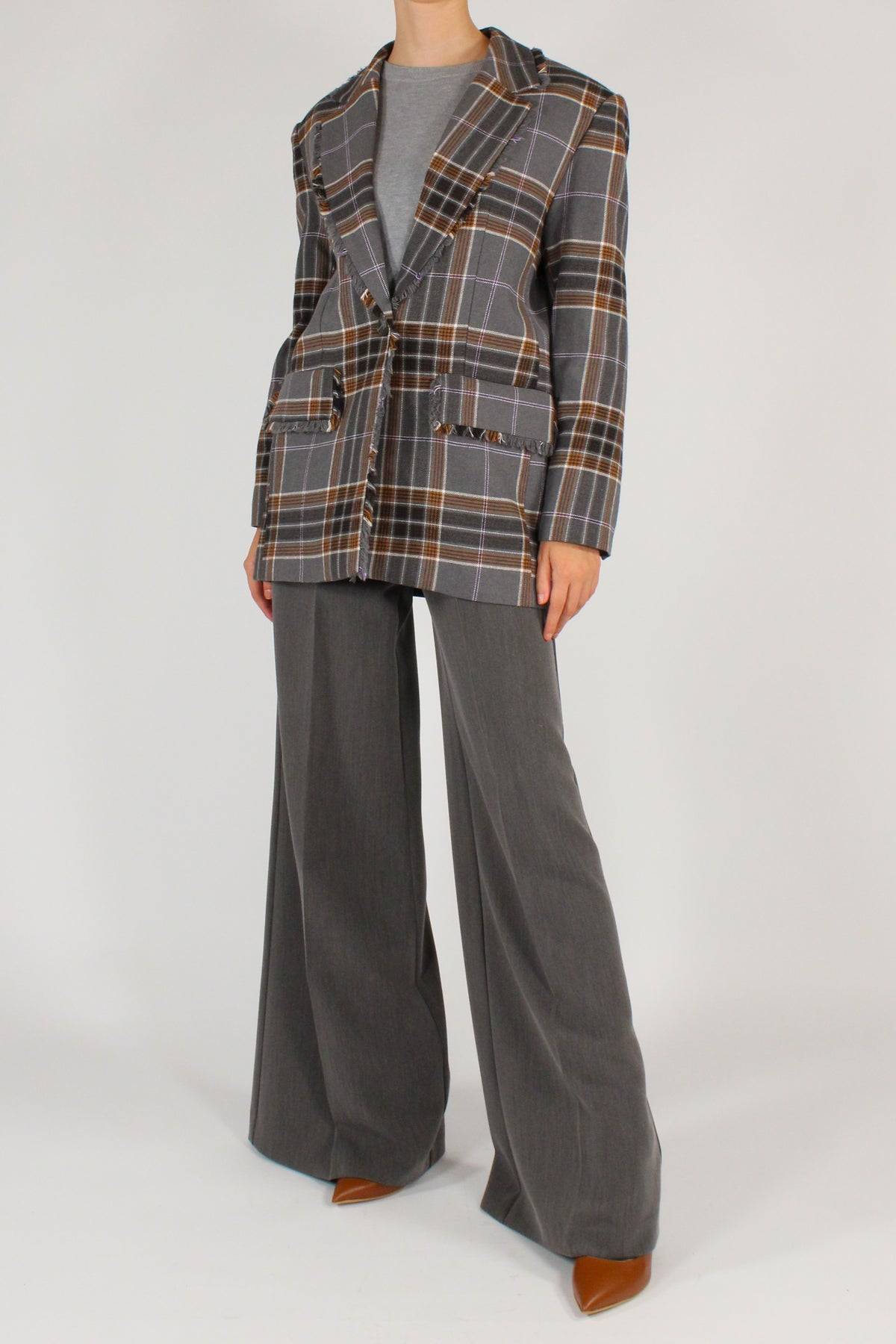 Blazer Over Stampa Tartan Profili Sfrangiati