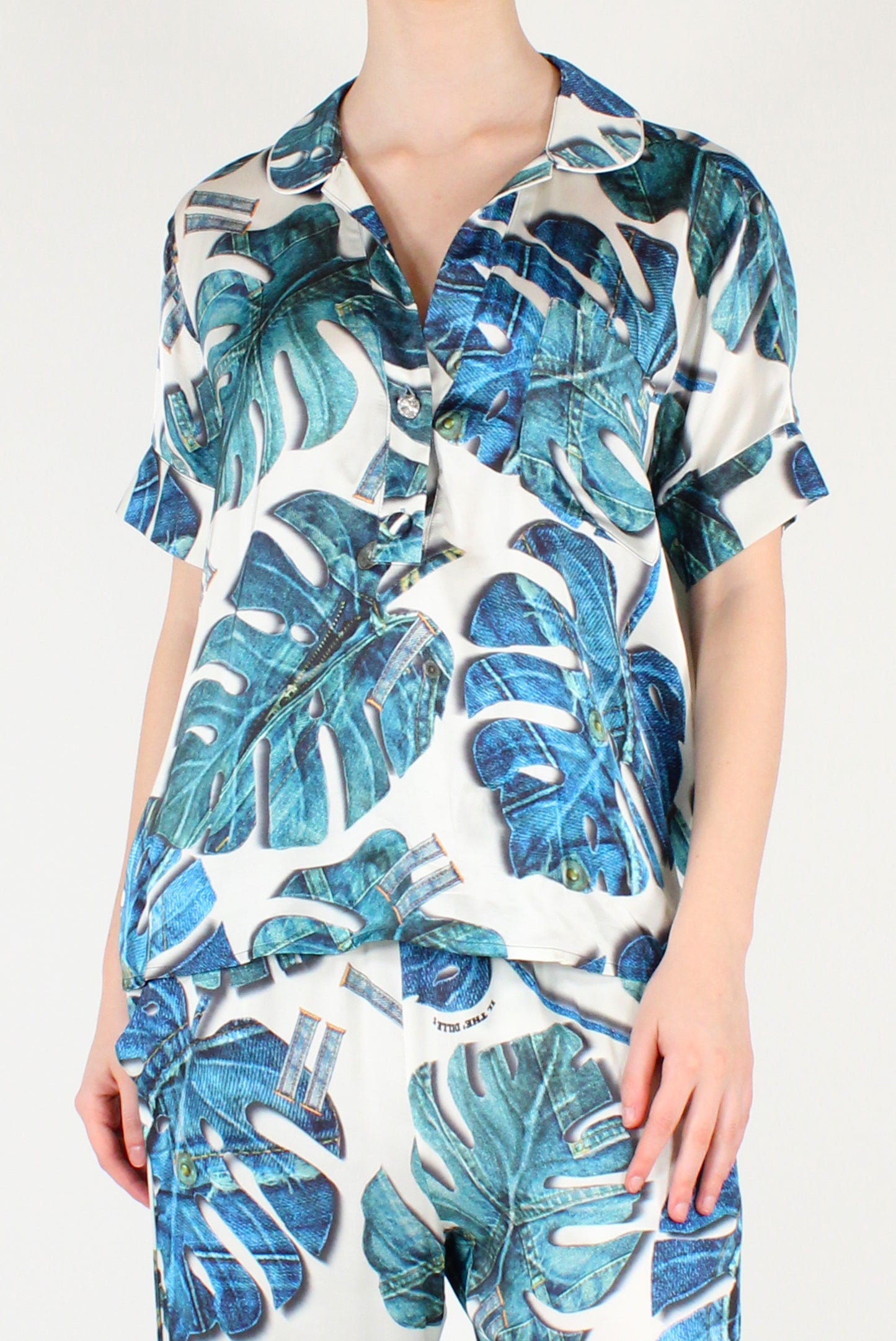 Blusa Stampa Foglie Denim