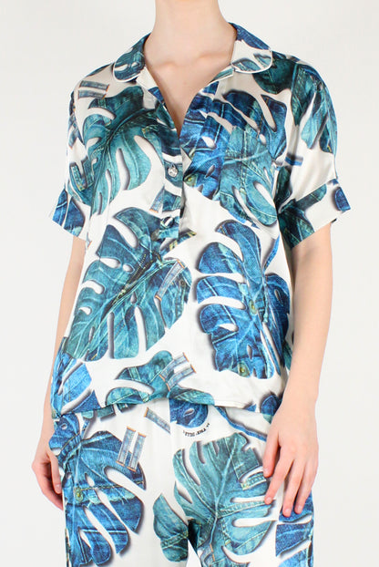 Blusa Stampa Foglie Denim