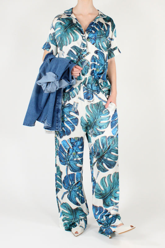 Women's Palazzo Pants with Leaf Print Denim