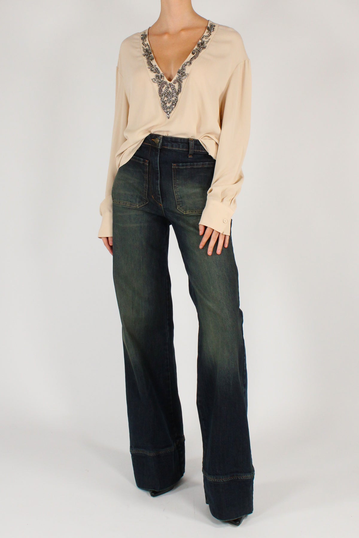 Blusa Scollo a V Ricamato con Perline