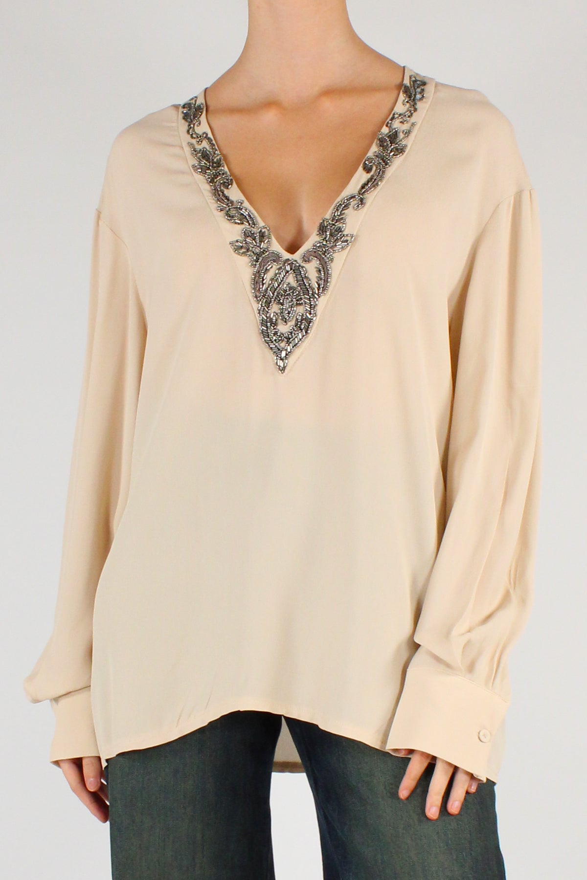 Blusa Scollo a V Ricamato con Perline