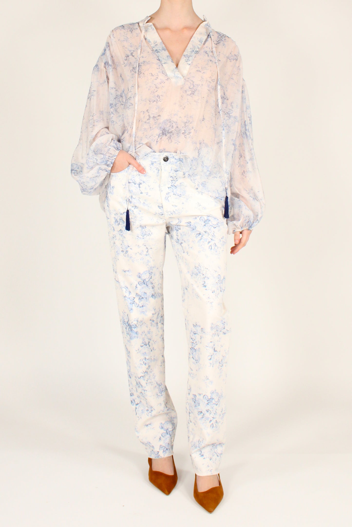 Pantaloni a Sigaretta Denim Stampa Floreale