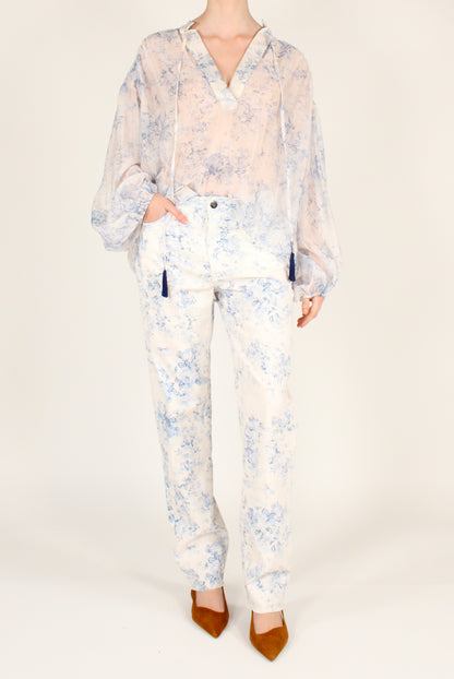 Pantaloni a Sigaretta Denim Stampa Floreale