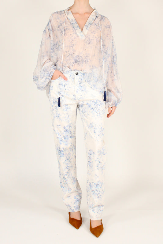 Pantaloni a Sigaretta Denim Stampa Floreale