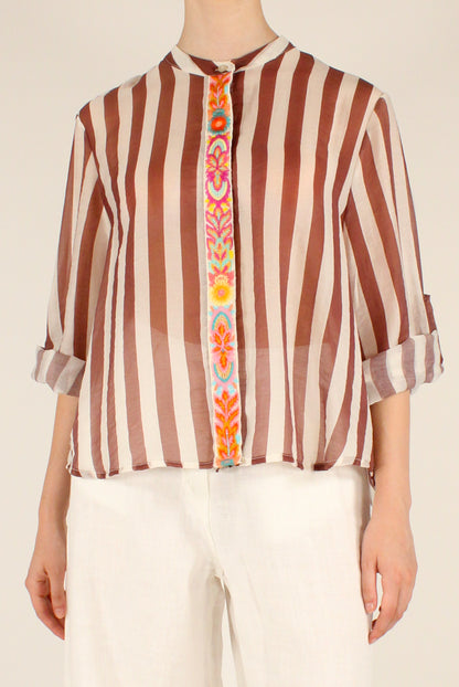 Camicia Coreana a Righe con Ricamo