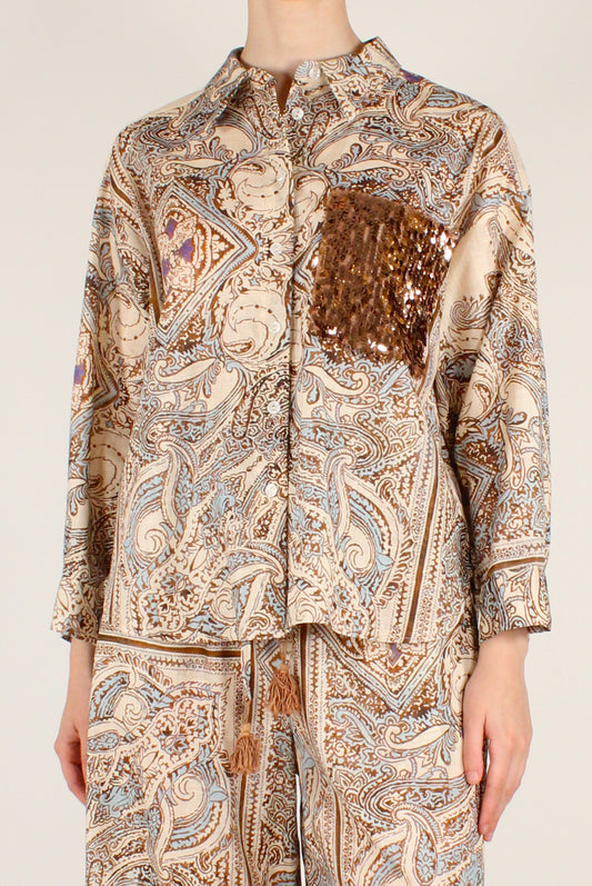 Camicia Stampa Etnica con Tasca in Paillettes