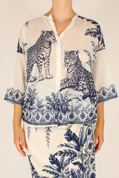 Camicia Over Stampa Giungla Bianco e Blu